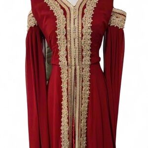 Red kaftan with off the shoulder hands